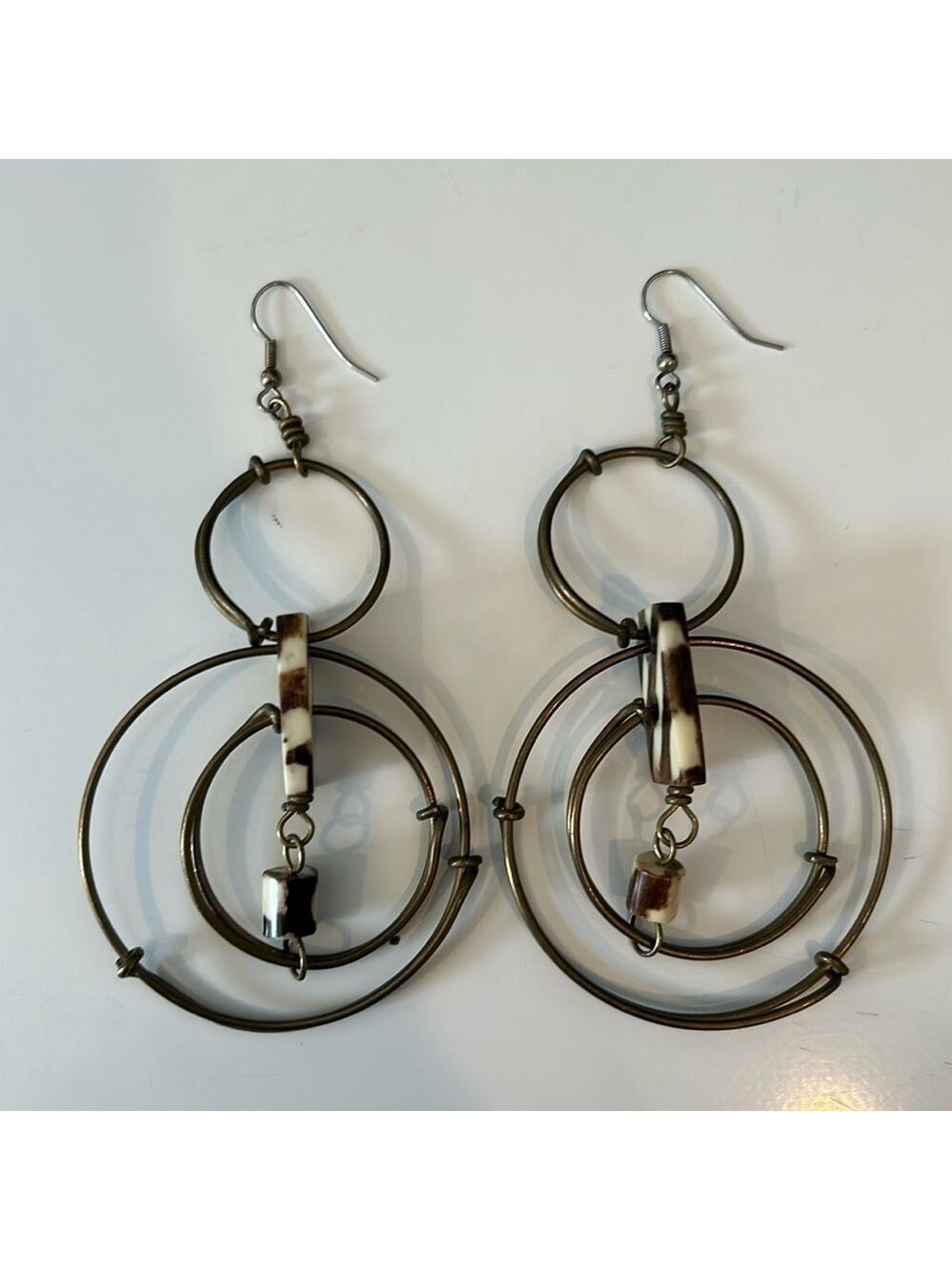 Gold Triple Hoop Dangling Earrings with Brown and White Stone Detail
